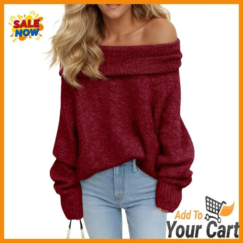 Oversized Off Shoulder Ribbed Knit Pullover Sweater Long Sleeve Loose Fit